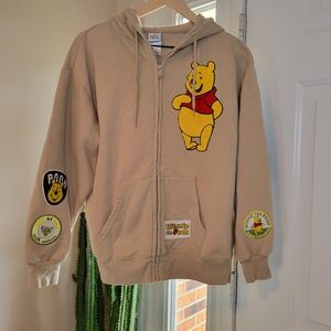 Disney Winnie The Pooh 5 Patch Embroidered Longsleeve Tan Hoodie,‎ Size M